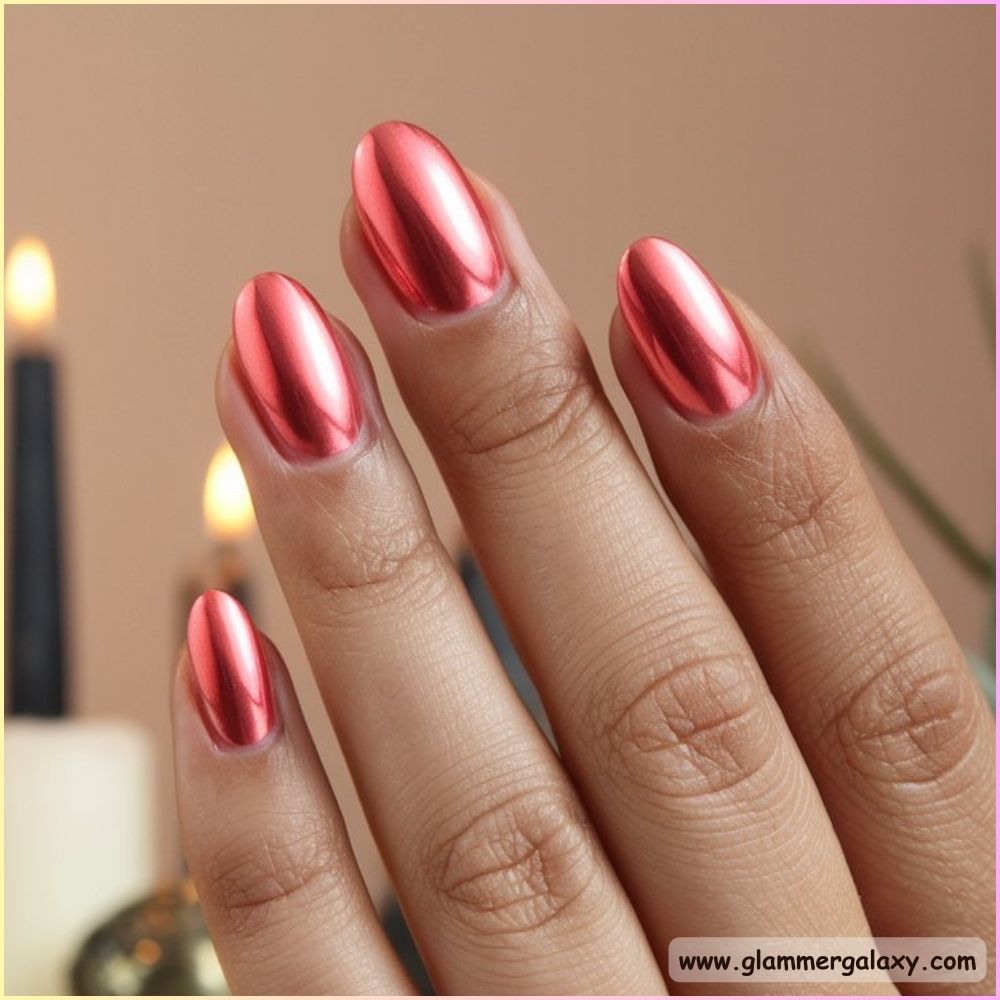 Red Summer Nails having Chrome Coral