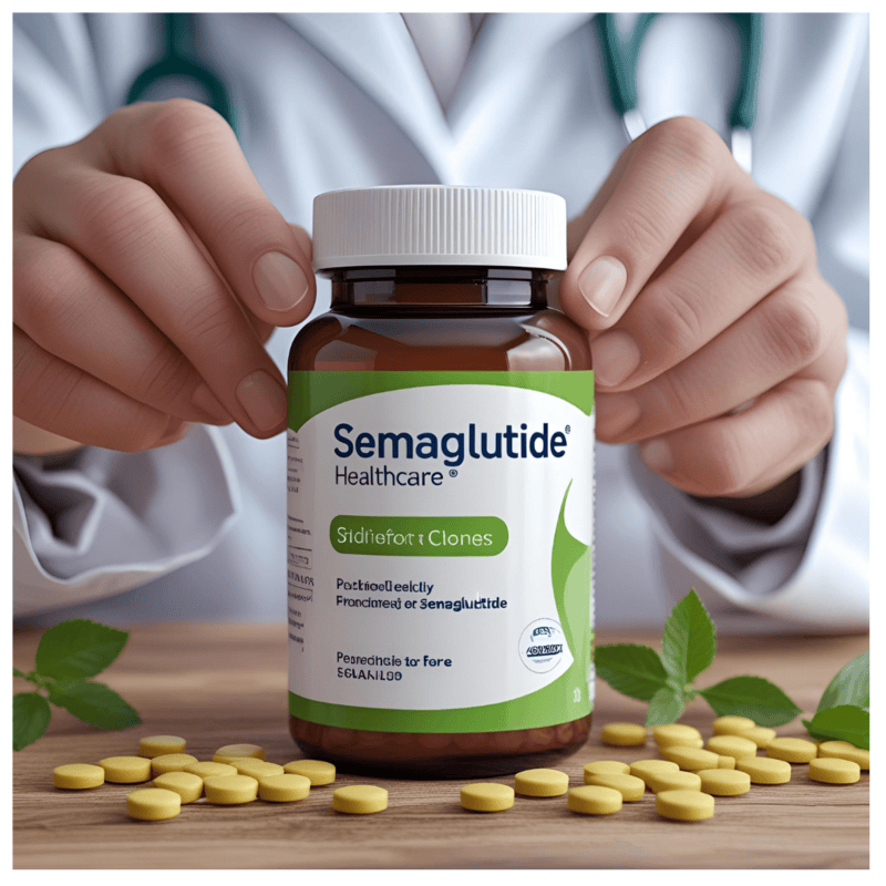 Close-up of a doctor holding a bottle labeled Semaglutide with yellow tablets scattered on a table, representing semaglutide medication used for weight loss and diabetes treatment.
