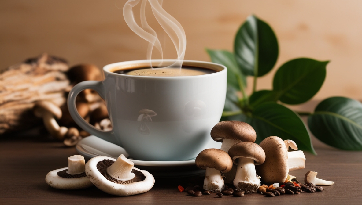 A steaming cup of coffee sits on a saucer, surrounded by fresh mushrooms, coffee beans, and green leaves.