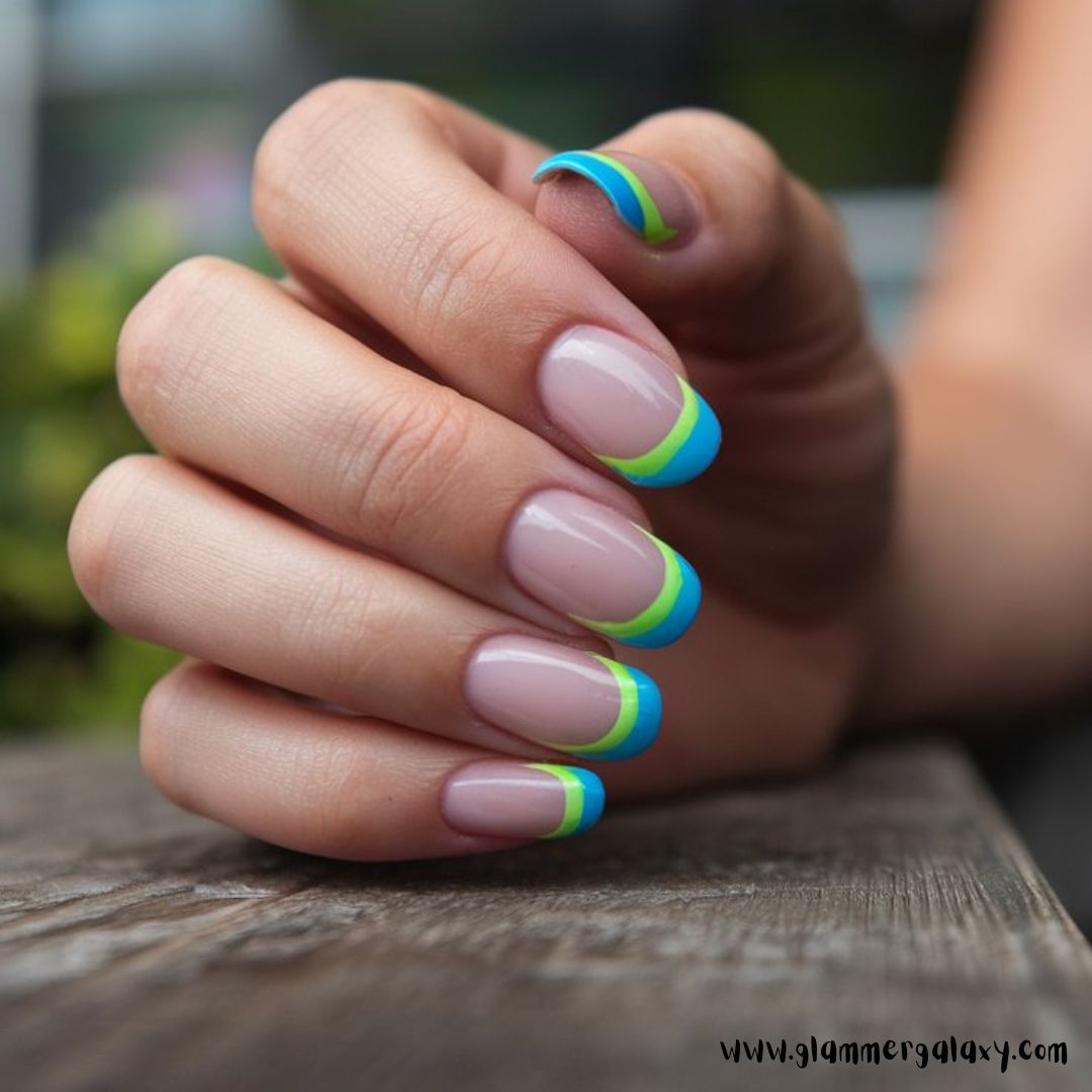 Classy Vacation Nails having Neon-Tipped French Edge
