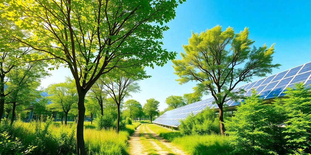 Green business landscape with trees and solar panels.