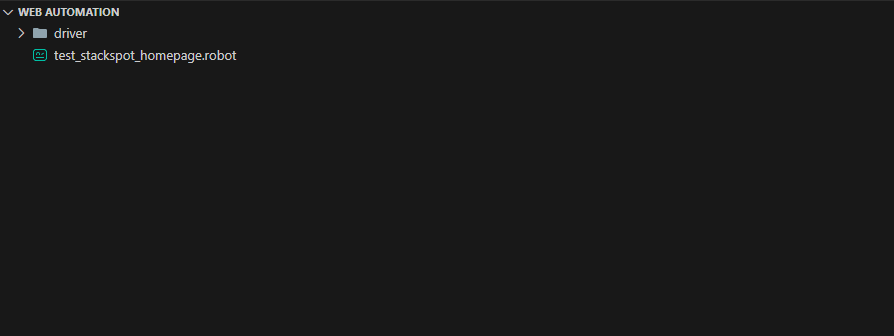 Explorer in the VS Code plugin, wherein the open photo, we have the driver folder and test_stackspot_homepage.robot file created.