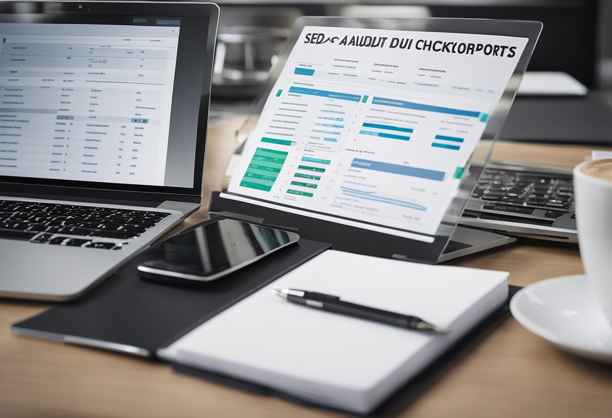 A desk with a laptop, notepad, and pen surrounded by SEO audit checklists and business reports