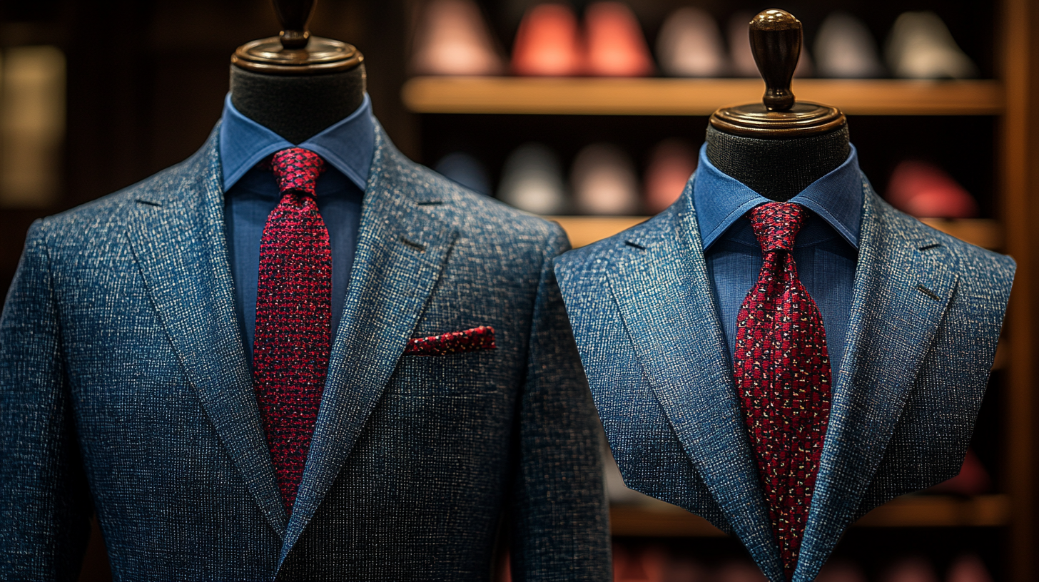 On the left side a mannequin, dressed in a royal blue suit with a red tie. On the right side, a mannequin bust displaying only the red tie. The background is minimalistic and elegant, with soft lighting emphasizing the fabric details and luxurious appeal.