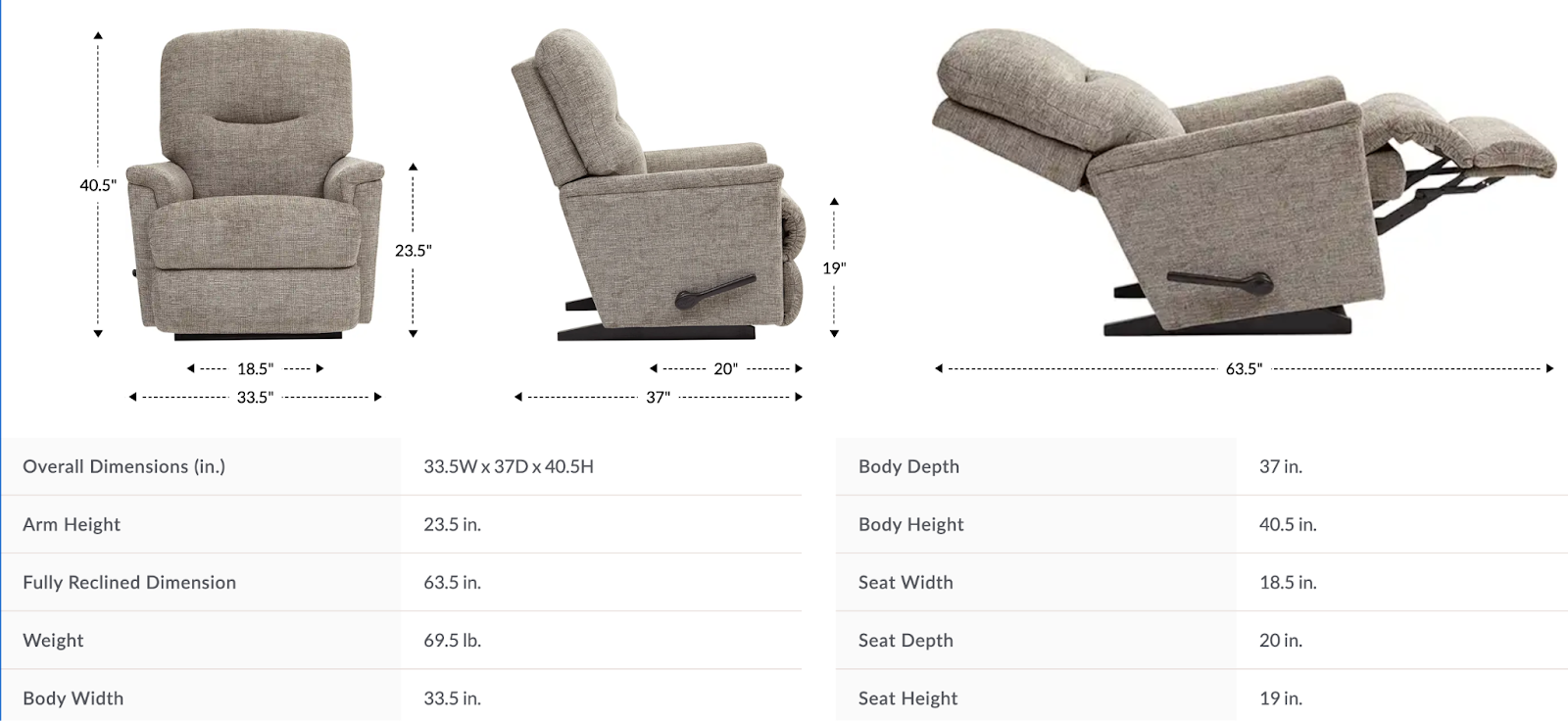 aries rocking recliner dimensions