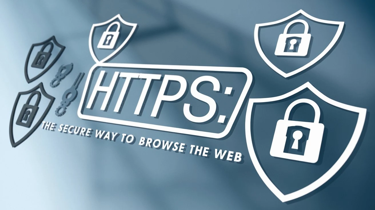 A security-themed graphic illustrating the importance of HTTPS for website ranking, featuring locks and shields representing security.