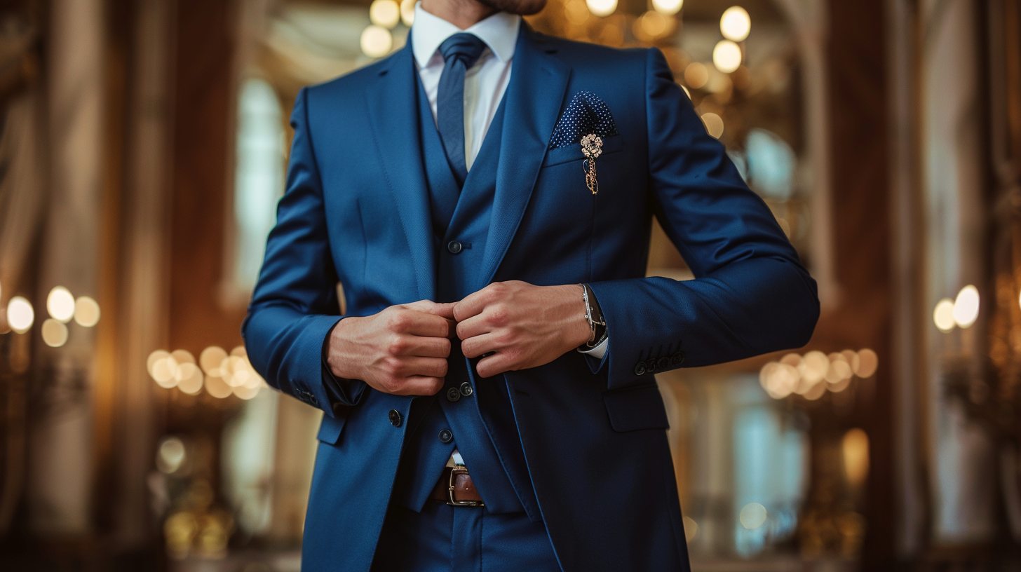 A groom or stylish guest in a three-piece suit--blazer, vest, and trousers--in deep blue. He adjusts his cufflinks in an elegant hall with chandeliers, prepared for a wedding or upscale event.