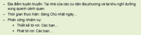 CHỦ ĐỀ 6 BẢO TỒN CẢNH QUAN THIÊN NHIÊNHOẠT ĐỘNG 1: Chia sẻ về ý nghĩa của cảnh quan thiên nhiên đối với trạng thái cảm xúc của bản thânCâu  1: Chia sẻ cảm xúc của em khi ngắm nhìn cảnh quan thiên nhiên.Gợi ý đáp án:Em đang sống ở Thái Bình, một nơi yên ả với những đồng lúa thẳng cách cò bayCâu 2: Thảo luận về những yếu tổ tạo nên cảm xúc của em khi ngắm nhìn cảnh quan thiên nhiên.Gợi ý đáp án:+Không khí thiên nhiên  +Cảnh quan xung quanh  +Con người nơi đây.HOẠT ĐỘNG 2: Tìm hiểu biểu hiện của sự chủ động, tích cực thực hiện việc bảo tồn cảnh quan thiên nhiênCâu 1: Phân tích tình huốngTình huống 1: Một nhóm học sinh trung học phổ thông đi tham quan dã ngoại ở vườn quốc gia. Trong lúc tham quan, một số bạn đã khắc tên mình lên thân cây và phiến đá bên đường với mong muốn lưu lại kỉ niệm về chuyến đi thú vị này. Trong khi đó, một số bạn khác đi thu gom rác xung quanh khu vực.Em có nhận xét gì về việc này?Gợi ý đáp án:Theo em những bạn khắc tên lên cây như vậy là không đúng vì làm như vậy không chỉ gây mất cảnh quan vẻ đẹp tự nhiên của cây mà chúng ta bảo tồn mà còn có khả năng làm ảnh hưởng tới sự sinh trưởng của cây. Câu 2: Thảo luận về biểu hiện của sự chủ động, tích cực thực hiện việc bảo tồn cảnh quan thiên nhiên.Gợi ý đáp án:Biểu hiện của sự chủ động, tích cực thực hiện việc bảo tồn cảnh quan thiên nhiên là:Giữ gìn vệ sinh môi trường và cấu trúc cảnh quan thiên nhiênHOẠT ĐỘNG 3: Lập kế hoạch đánh giá thực trạng bảo tồn danh lam thắng cảnh của cộng đồng dân cư tại địa phươngCâu 1: Thảo luận để lựa chọn một danh lam thắng cảnh ở địa phương và lập kế hoạch đánh giá thực trạng bảo tồn danh lam thắng cảnh đó.Gợi ý đáp án:Danh lam thắng cảnh ở Việt Nam được lựa chọn là Hồ Hoàn Kiếm+Nội dung khảo sátNhững hoạt động, hành vi, việc làm người dân ở địa phương đã thực hiện để bảo tồn danh lam thắng cảnhKết quả bảo tồn danh lam thắng cảnh đã đượcNhững vấn đề còn tồn tại trong việc bảo tồn danh lam thắng cảnhNhững biện pháp mà cộng đồng dân cư địa phương cần thực hiện để danh lam thắng cảnh được bảo tồn tốt hơn.HOẠT ĐỘNG 4: Đánh giá thực trạng bảo tồn danh lam thắng cảnh của cộng đồng cư dân địa phương theo kế hoạch đã xây dựng.Câu 1: Tiến hành khảo sát, đánh giá thực trạng bảo tồn danh lam thắng cảnh theo kế hoạch đã xây dựng ở Hoạt động 3Câu 2: Viết báo cáo kết quả đánh giá thực trạngCâu 3: Trình bày báo cáo kết quả đánh giá thực trạngCâu 4: Thảo luận về những hoạt động, hành vi, việc làm mà cộng đồng dân cư địa phương cần thực hiện để danh làm thắng cảnh, cảnh quan thiên nhiên được bảo tồn tốt hơn.Gợi ý đáp án:HS tự thực hiện theo báo cáo địa phương mìnhHOẠT ĐỘNG 5: Xây dựng kế hoạch hoạt động quảng bá hình ảnh và kêu gọi bảo tồn cảnh quan thiên nhiên.Câu  1:  Xây dựng kế hoạch quảng bá hình ảnh và tuyên truyền bảo tồn cảnh quan thiên nhiênGợi ý đáp án:HOẠT ĐỘNG 6: Thực hiện kế hoạch hoạt động quảng bá hình ảnh và kêu gọi bảo tồn cảnh quan thiên nhiên, danh lam thắng cảnh+Cùng các bạn trong nhóm thực hiện hoạt động quảng bá và kêu gọi bảo tồn cảnh quan thiên nhiên, danh lam thắng cảnh+Chia sẻ kết quả hoạt động và cảm xúc của em khi thực hiện hoạt độngHOẠT ĐỘNG 7: Thực hiện bảo tồn cảnh quan thiên nhiên, danh lam thắng cảnh và kêu mọi người cùng thực hiện