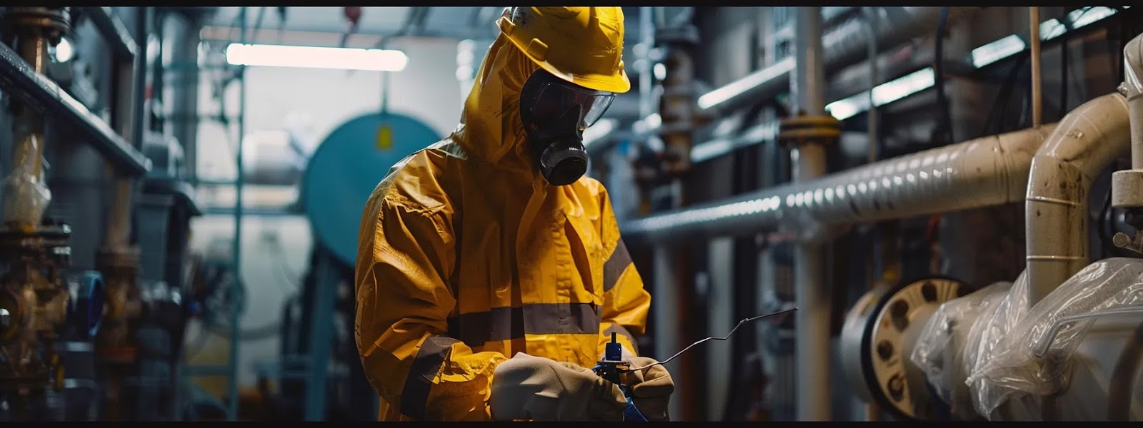 a person wearing protective gear shutting off water and power supplies before starting plumbing repairs.