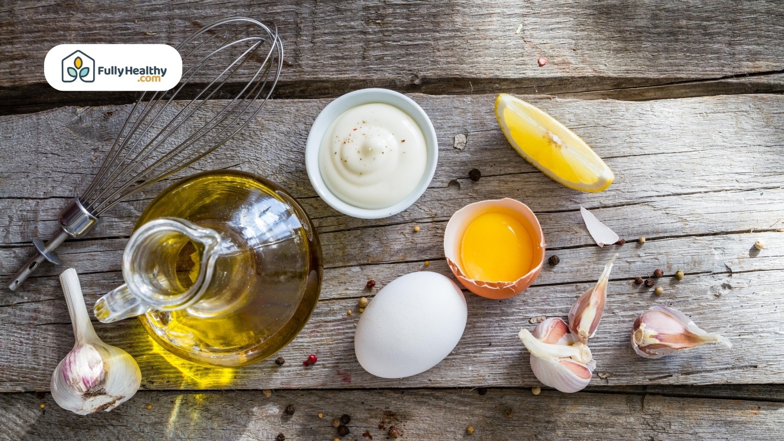 Mayonaise ingredients on a wood table