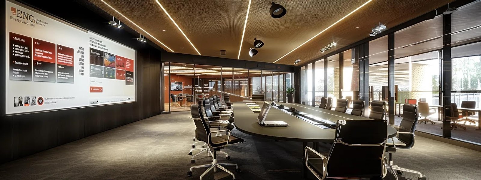 a sleek, modern office workspace showcases a digital presentation on a large screen, illustrating a well-structured internal linking diagram, while a diverse team of professionals engages in dynamic discussion around a polished conference table, emphasizing the strategic importance of on-page seo.