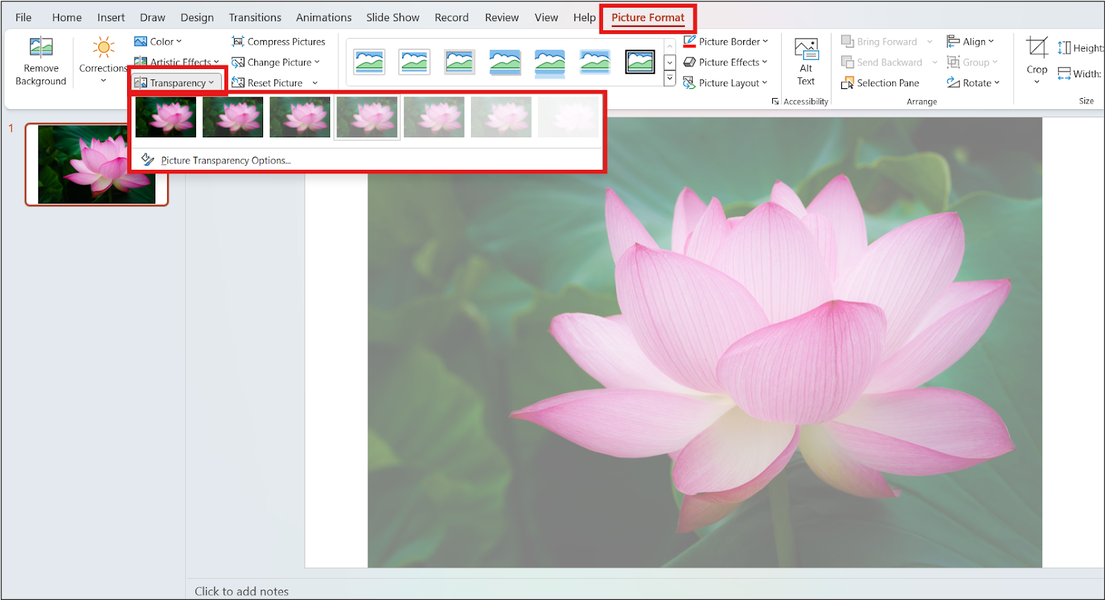 Changing the transparency of an image is selected under the Picture Format menu.