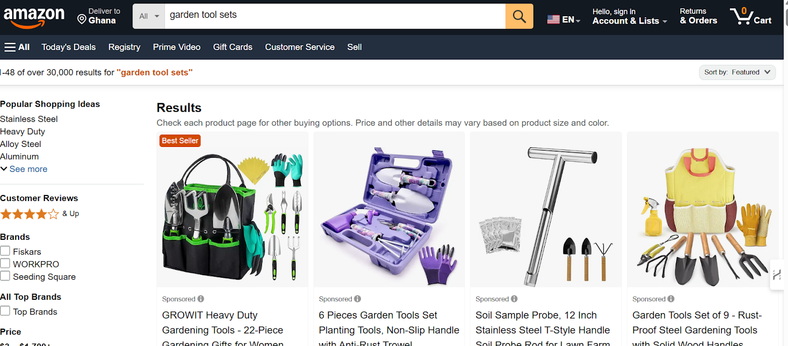 Amazon landing page for gardening tool set. You can easily select and buy affordable but quality gardening tool sets
