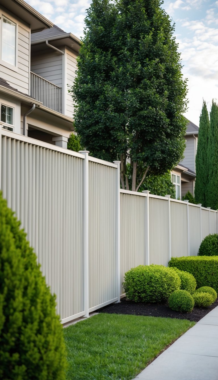 A row of accordion-style dividers creates privacy between two houses, with various landscaping ideas such as tall hedges, trees, and shrubs