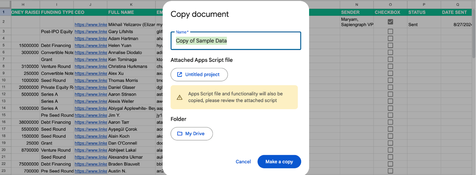 Explanation of how to make a copy of the sample data