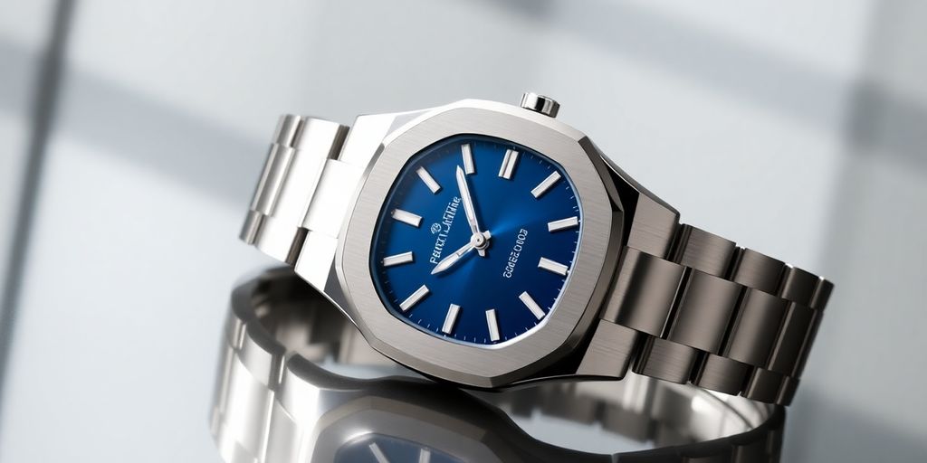 Close-up of a Patek Philippe Nautilus watch.