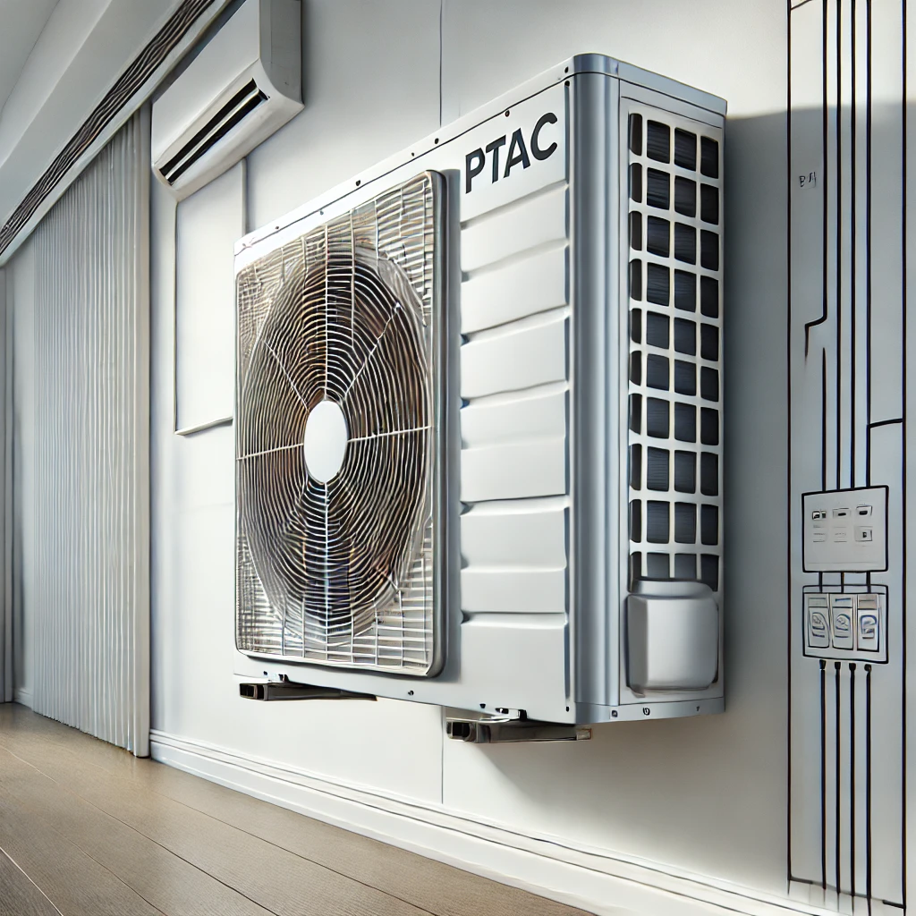 Professional PTAC unit installation in a modern hotel wall, with precise caulking and clean electrical finish.