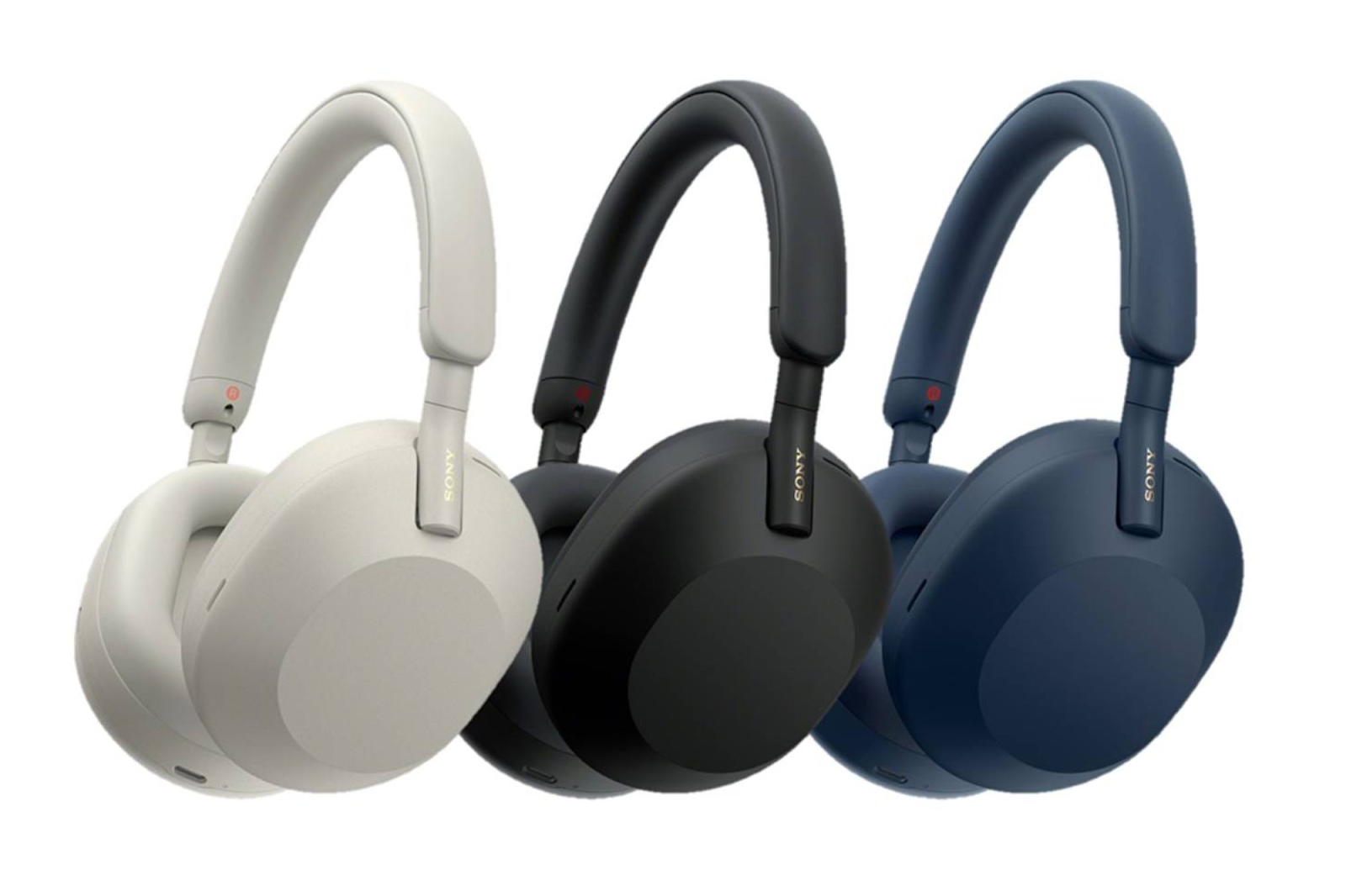 Sony WH-1000XM5 headphones in three different colors.