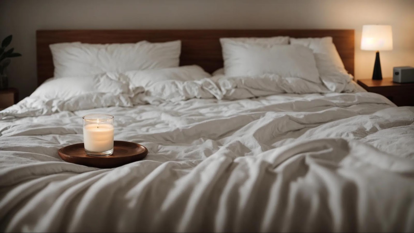 a calming bedroom with dim lighting, a plush mattress, soft blankets, and a glass of milk on the bedside table.
