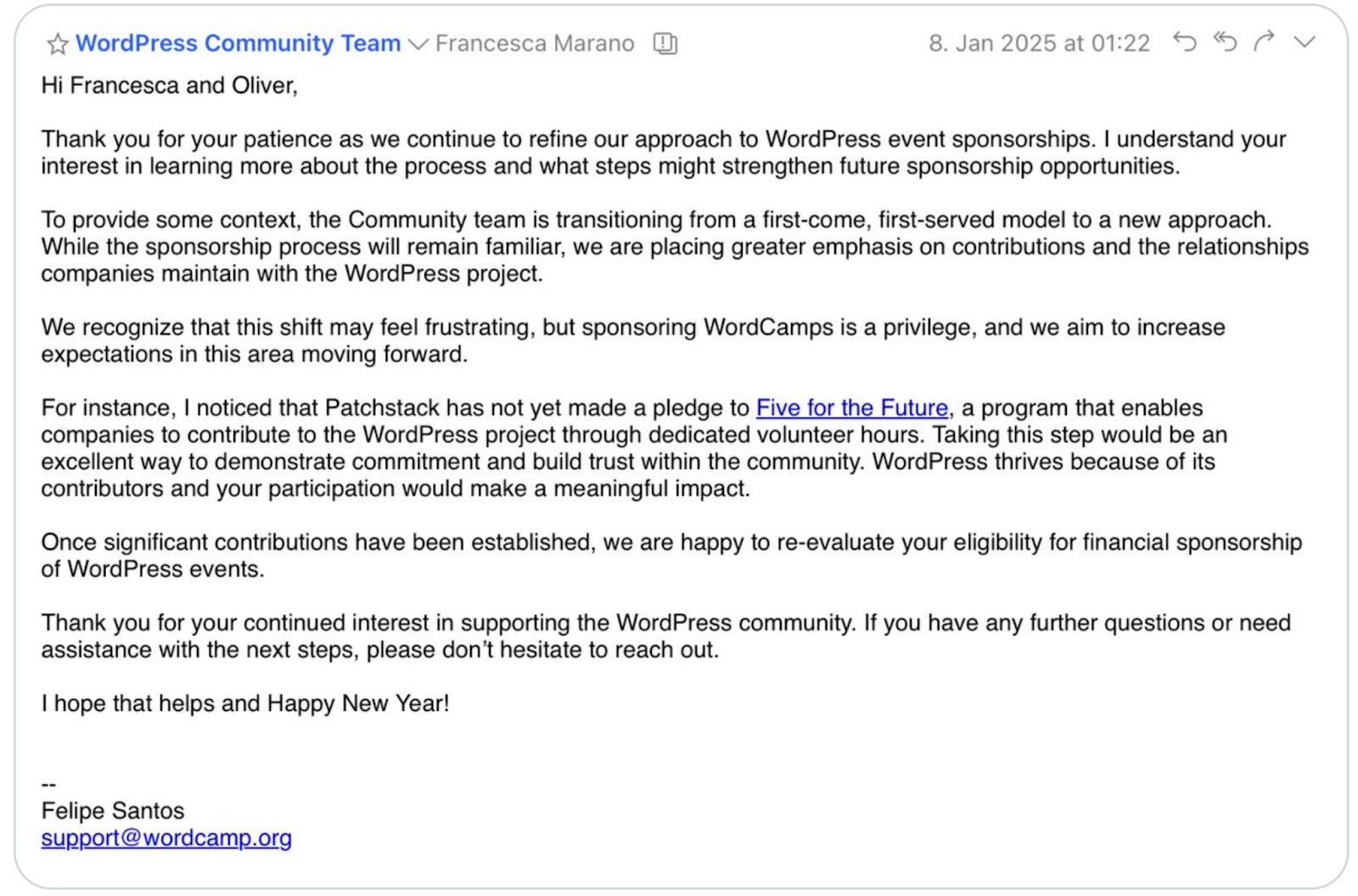 Screenshot of the email from WordCamp Central.