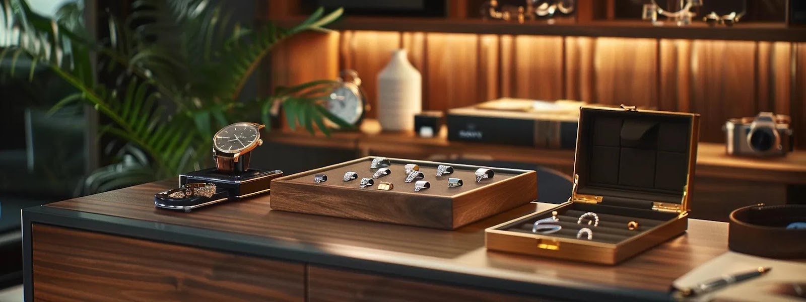 a sleek, modern office desk adorned with a polished wooden box displaying various personalized jewelry pieces, each radiating elegance and individuality, softly illuminated by warm, ambient lighting to evoke a sense of thoughtful gifting for father's day.