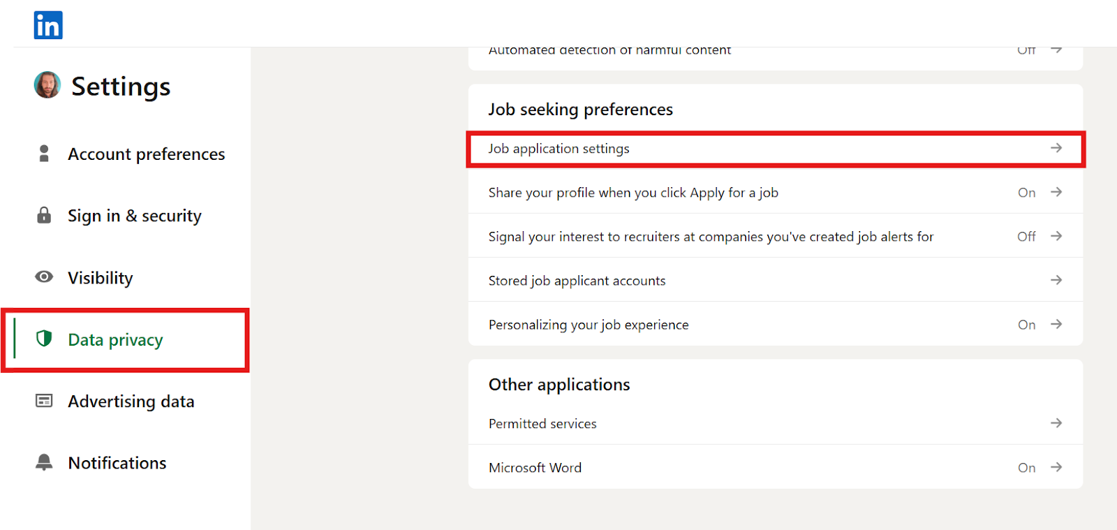 job application settings on linkedin