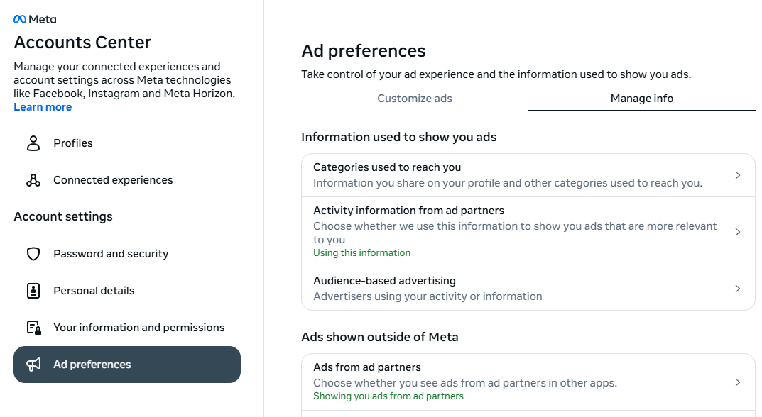 Facebook users can change their ad preferences in Meta’s Account Center