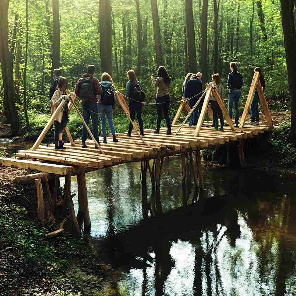 Diverse leaders constructing a sturdy wooden bridge, symbolizing the benefits of a leadership readiness assessment: identifying leaders, closing gaps, improving decisions, and boosting engagement.