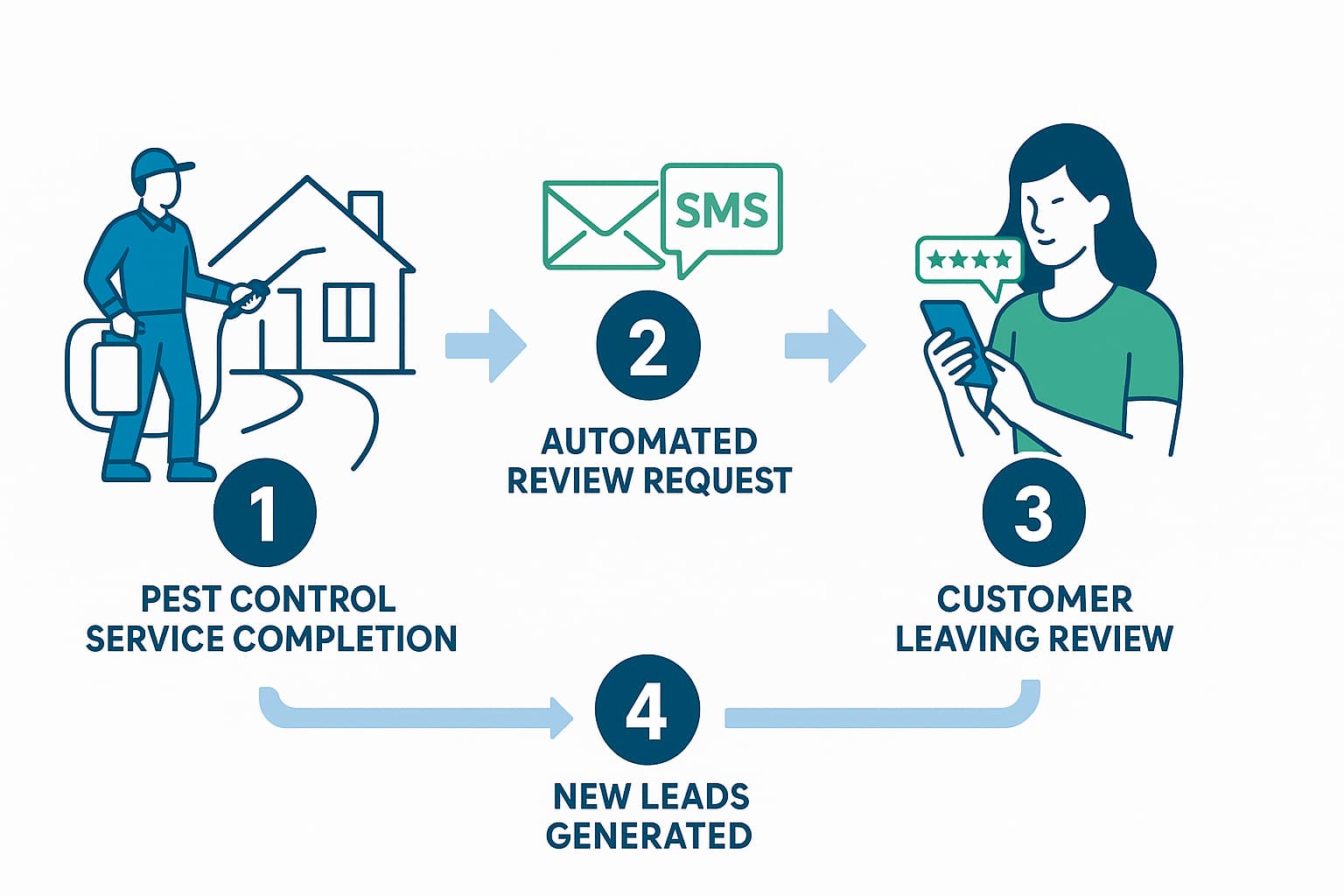 Step-by-step pest control review generation process showing how automated requests lead to more pest control leads.