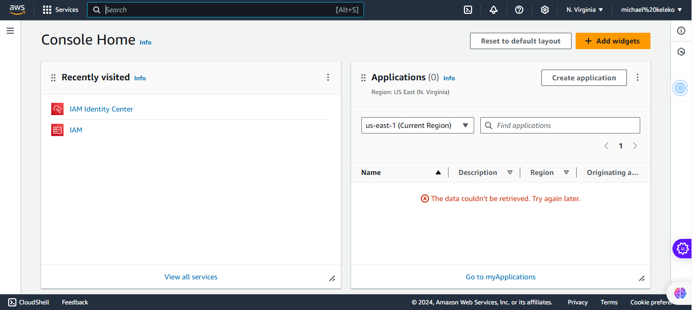 AWS management console dashboard