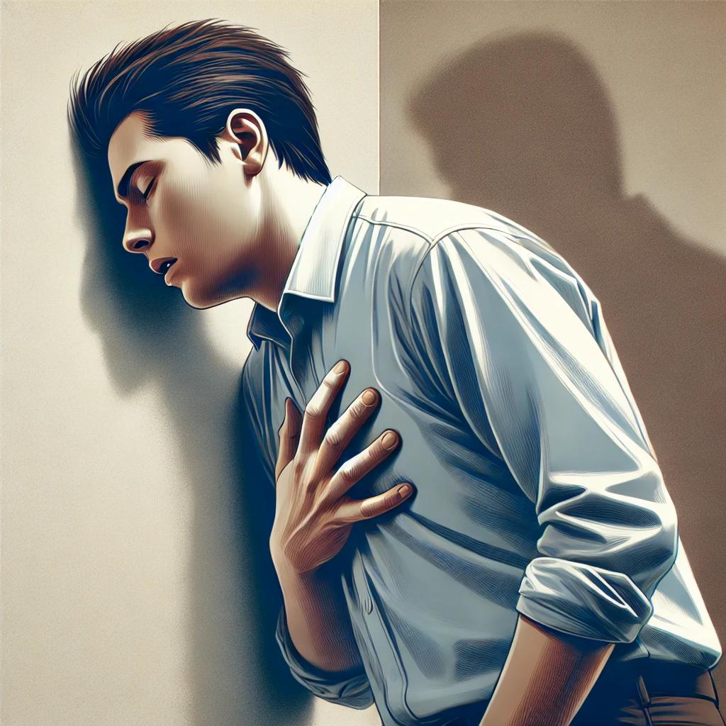 An illustration of a person leaning against a wall with one hand on their chest.