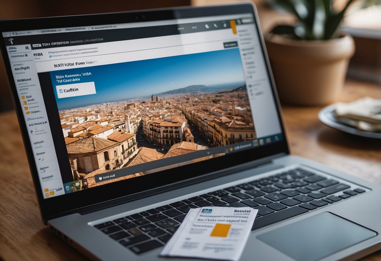 An open laptop displaying visa options for digital nomads in Spain, surrounded by legal documents and a map of the country