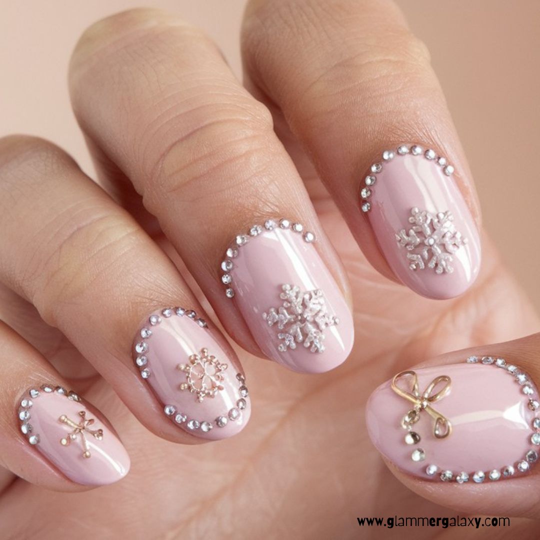 Christmas holiday Nails having Rhinestone Details
