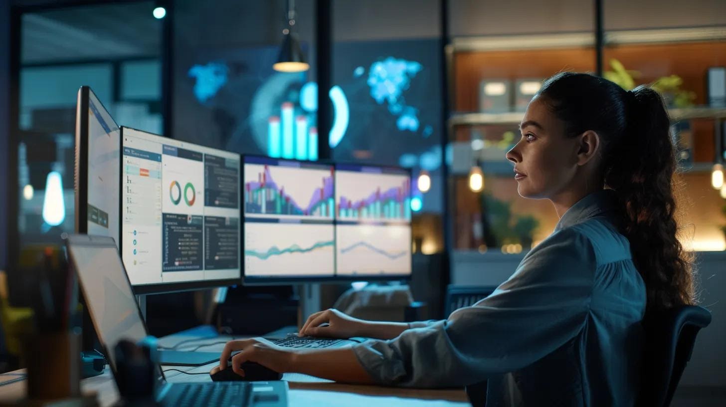 A support rep in a contemporary open-plan office views a dynamic CRM profile with personalized AI recommendations for outreach—side-by-side comparisons of tailored email suggestions and buyer behavior patterns appear on multiple monitors, emphasizing personalized connection.