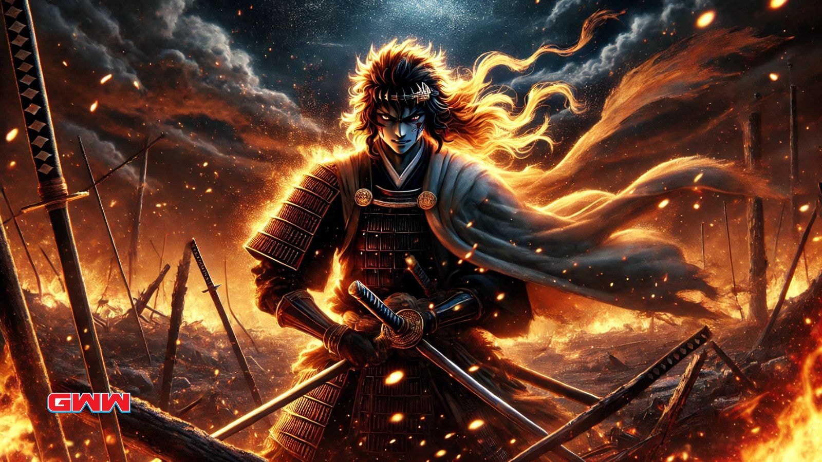 A heroic warrior standing with two swords, engulfed in fiery flames.