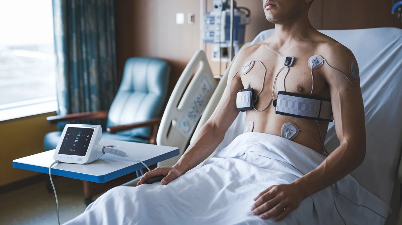 Patient in a post-surgical setting wearing a wearable recovery device, demonstrating how it aids in monitoring recovery progress.