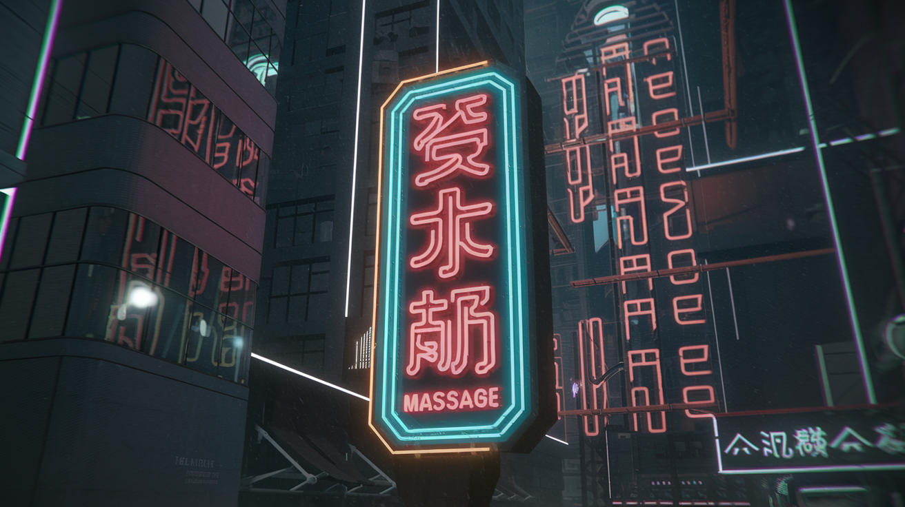 Chongqing Cyberpunk City Neon Hanzi Massage Sign