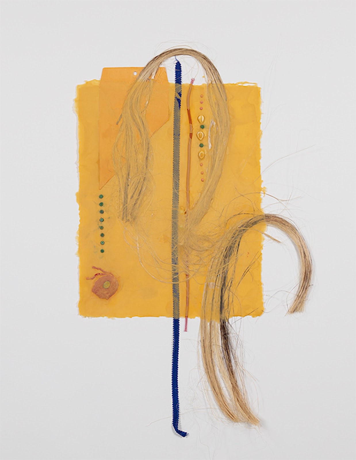 Image: This framed paperwork is "Yo-Yo" by Crystal Z Campbell, 2024. Handmade abaca paper, manila rope, and mixed materials, created in collaboration with Tatiana Ginsberg at Dieu Donné. An abstract work on a white background of abaca fibers and other materials with a yellow envelope. Photo by Tejan Rahim. Courtesy of Dieu Donné and Crystal Z Campbell.
