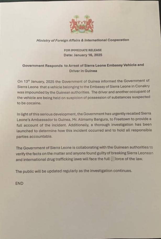 Cocaine Scandal hits Sierra Leone Embassy in Guinea, but Envoy not under house arrest