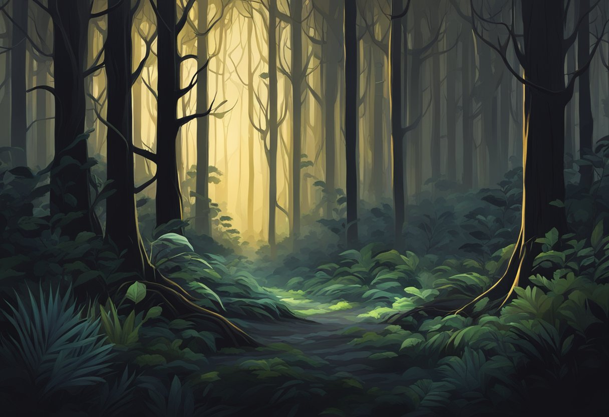 A dark, moody forest with a single illuminated patch of ground, surrounded by twisted, glowing plants and trees