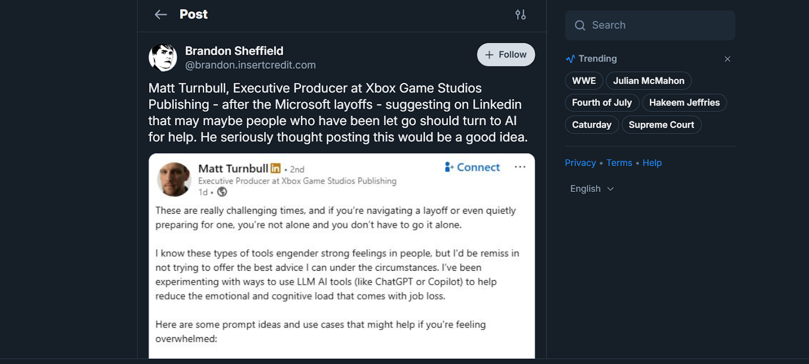 Repost of the Xbox executive's post. 