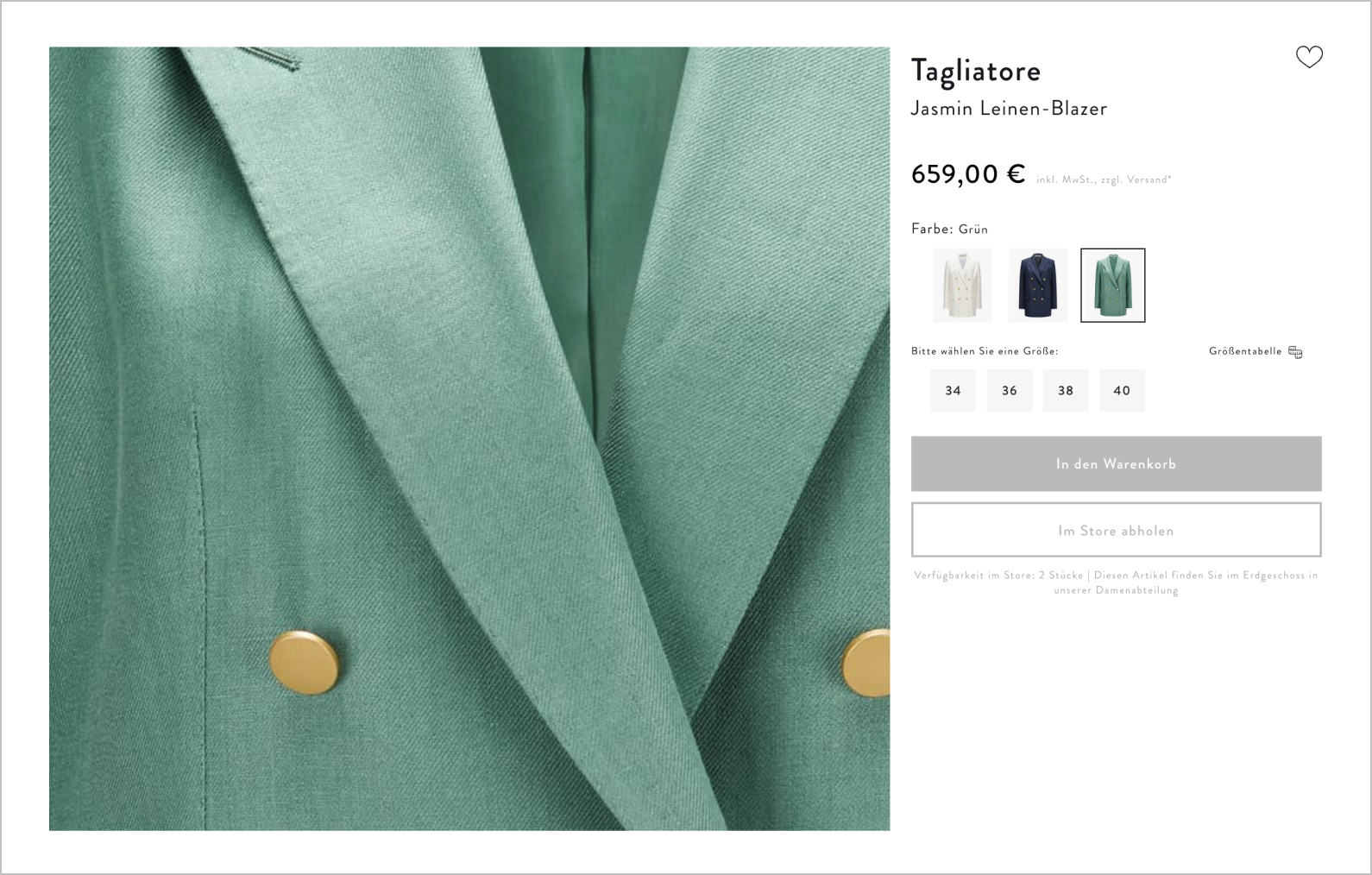 Auschnitt aus einem Onlineshop. Ausschnitt eines grünen Blazers in der Zoom Funktion
