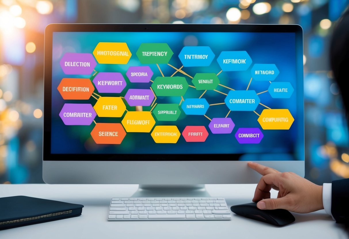 Uma variedade colorida de palavras-chave interconectadas flutuando acima de uma tela de computador, com uma mo selecionando e organizando-as em um padro estratgico.