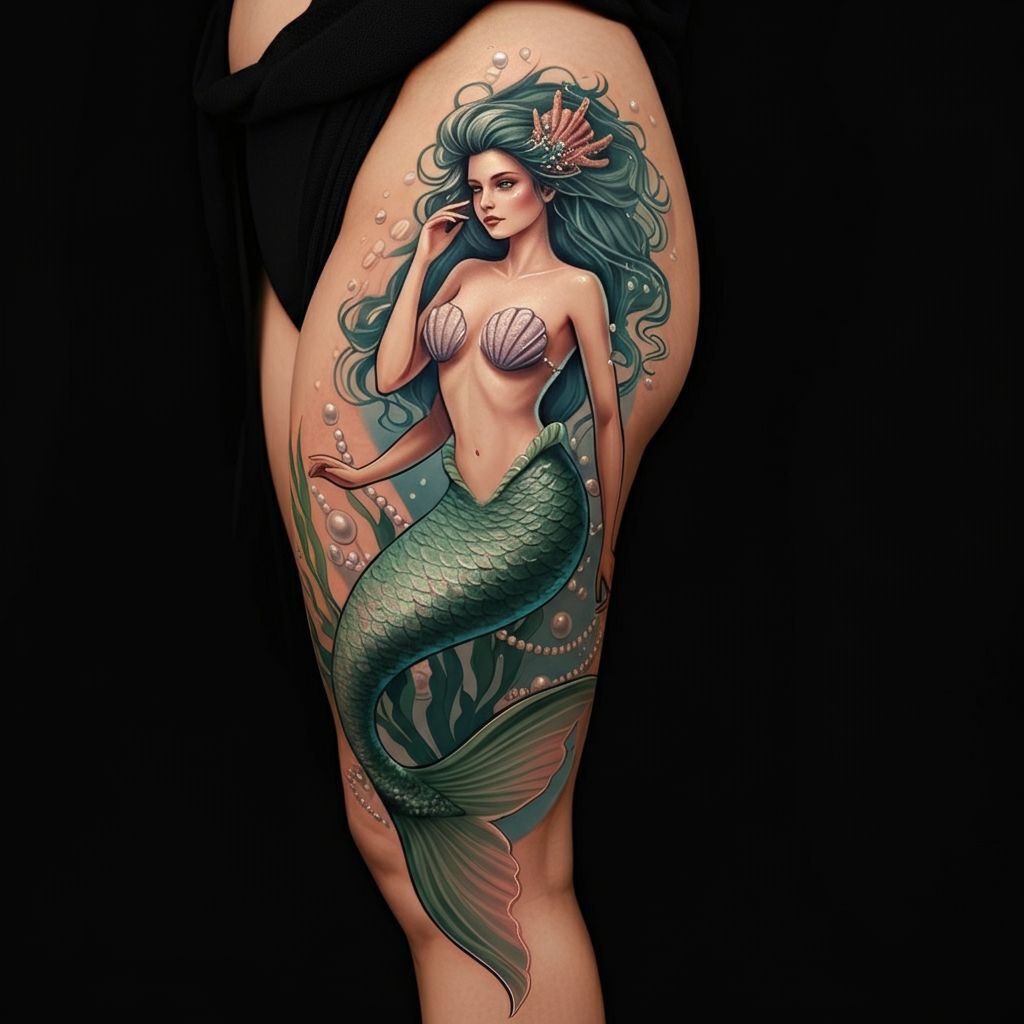 Mermaid Tattoo on Leg or Thigh 