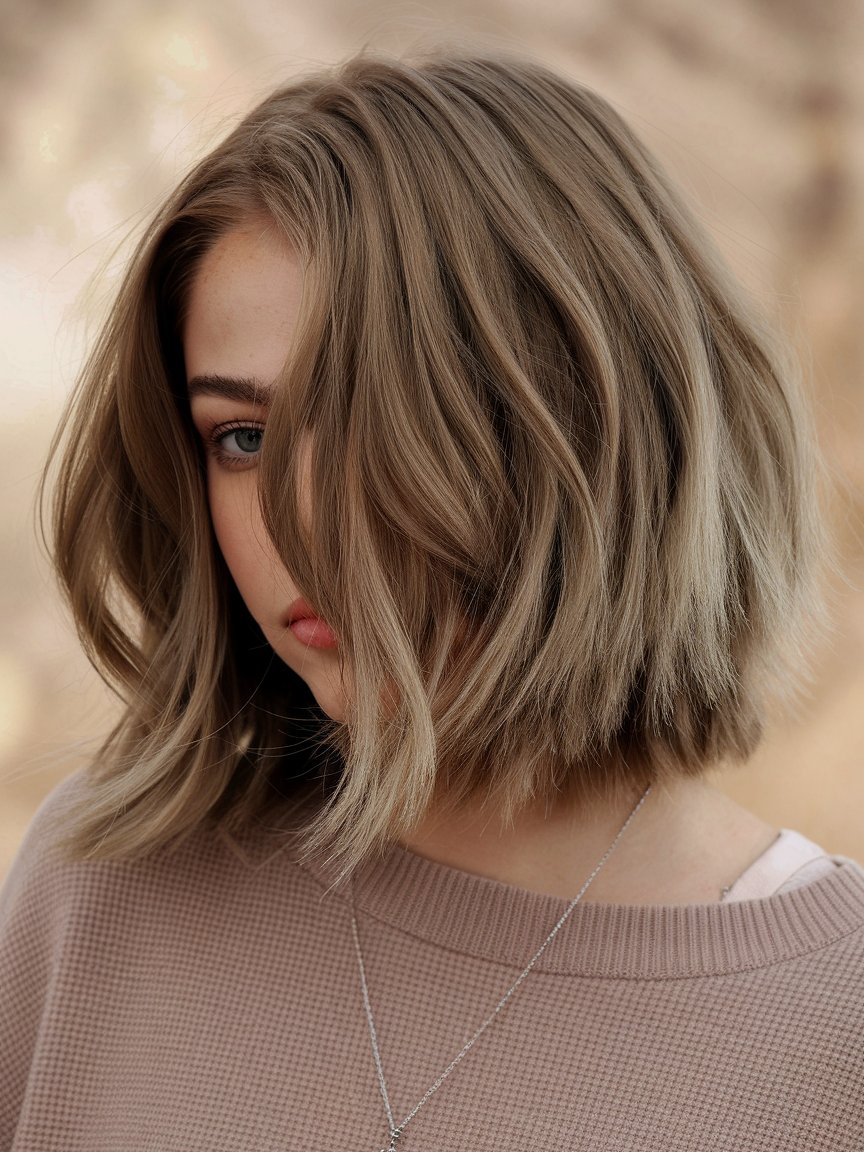 30. Jaw-Length Shaggy Walnut Brown Bob