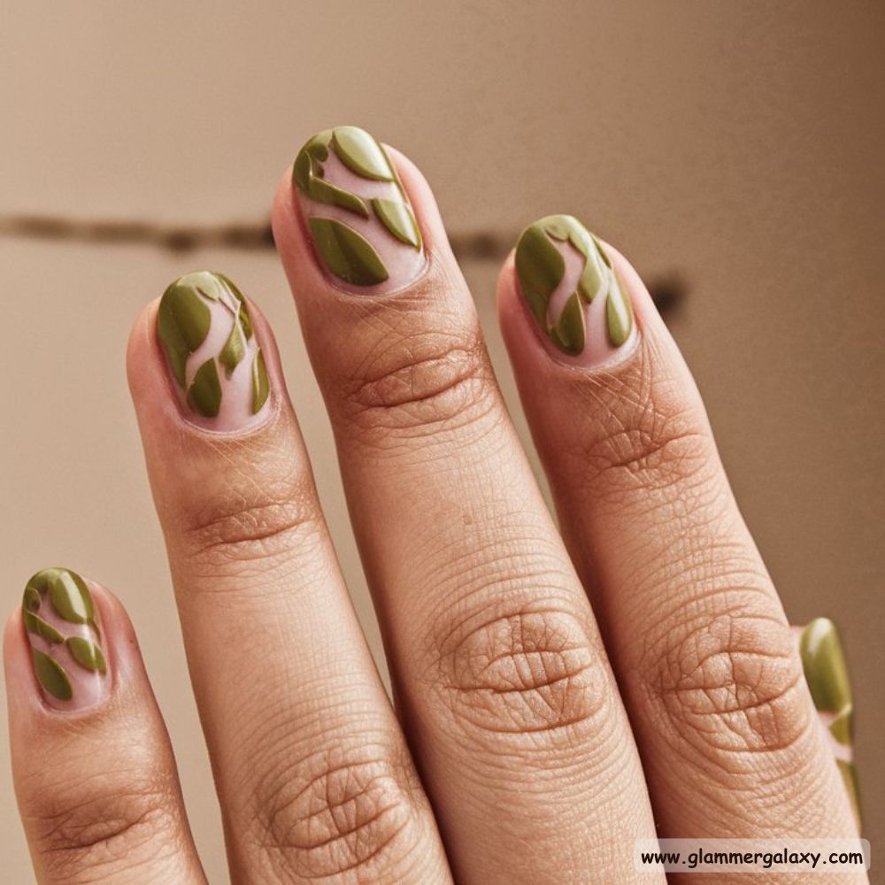 Olive green nails with Negative Space Accents