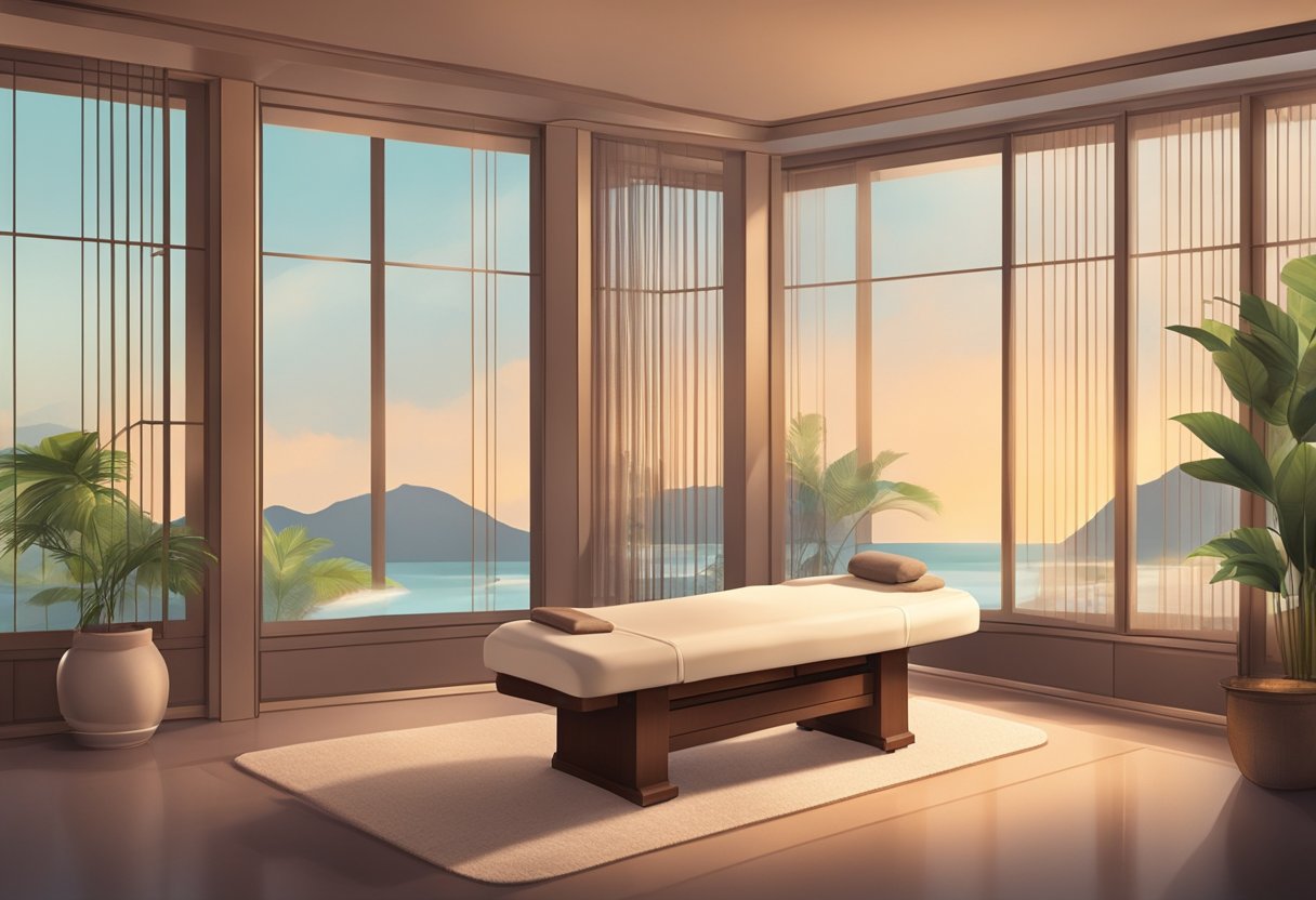 A tranquil spa room with soft lighting, a comfortable massage table, and soothing music playing in the background. A sense of calm and relaxation fills the air