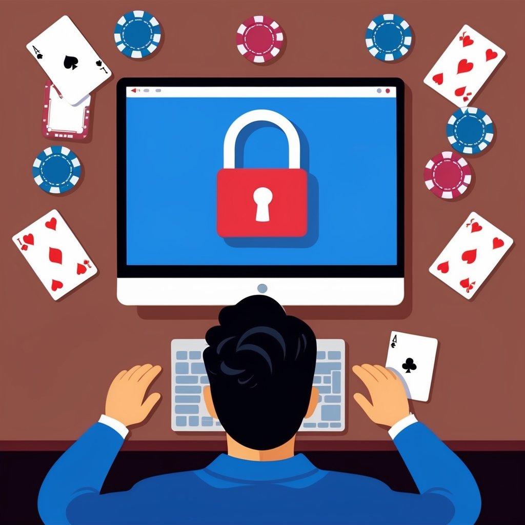 A person sitting at a computer with a secure lock symbol on the screen, surrounded by casino chips and cards