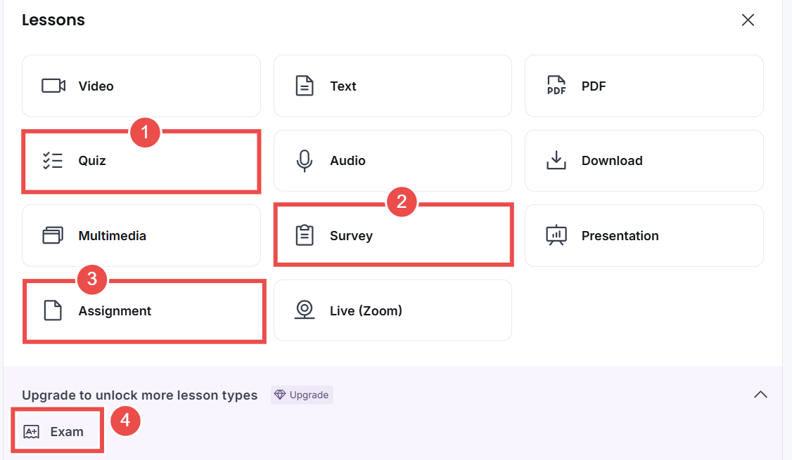 4 assessment types supported in Thinkific