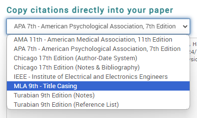 list of citation options in the ProQuest Citation generator, with MLA 9th edition highlighted.